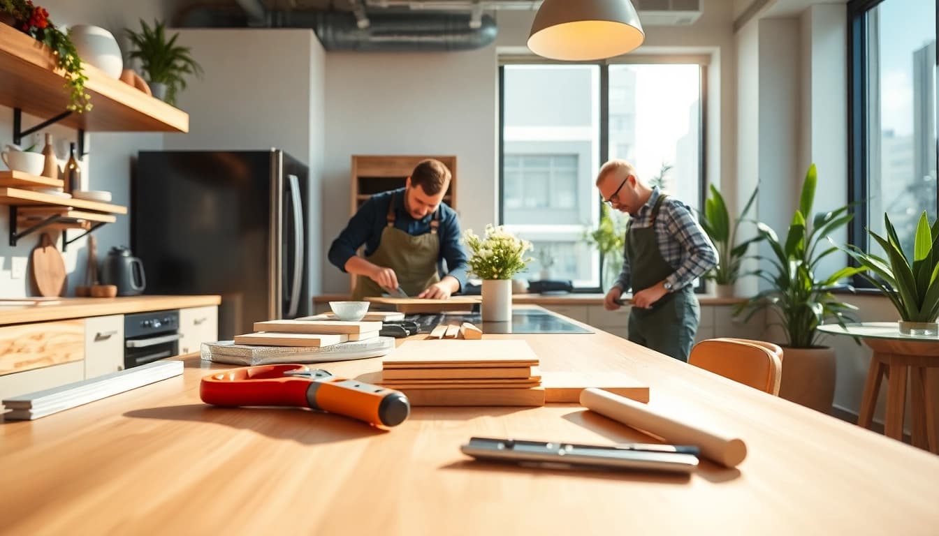 Engaging scene of home renovation showcasing skilled craftsmen working on a kitchen upgrade.
