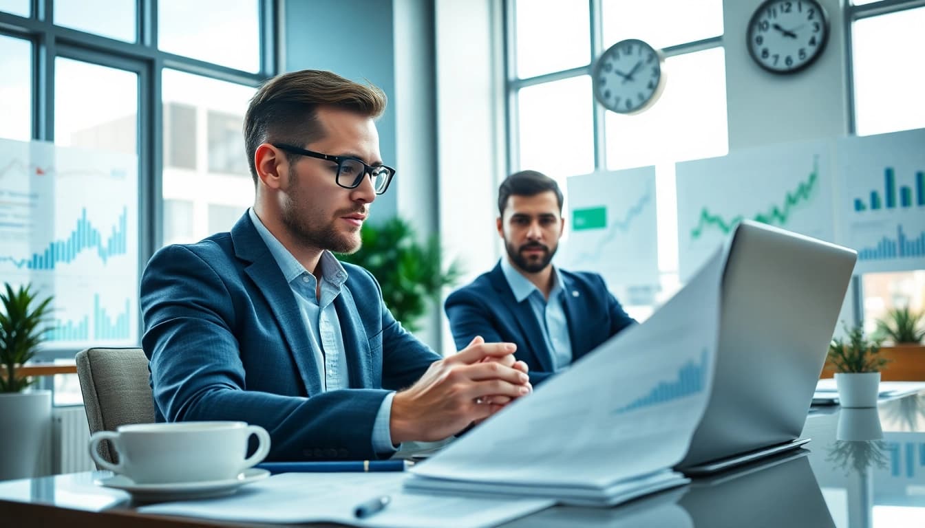 Engaging financial advisor at www.cambioml.com showcasing market trends in a modern office.