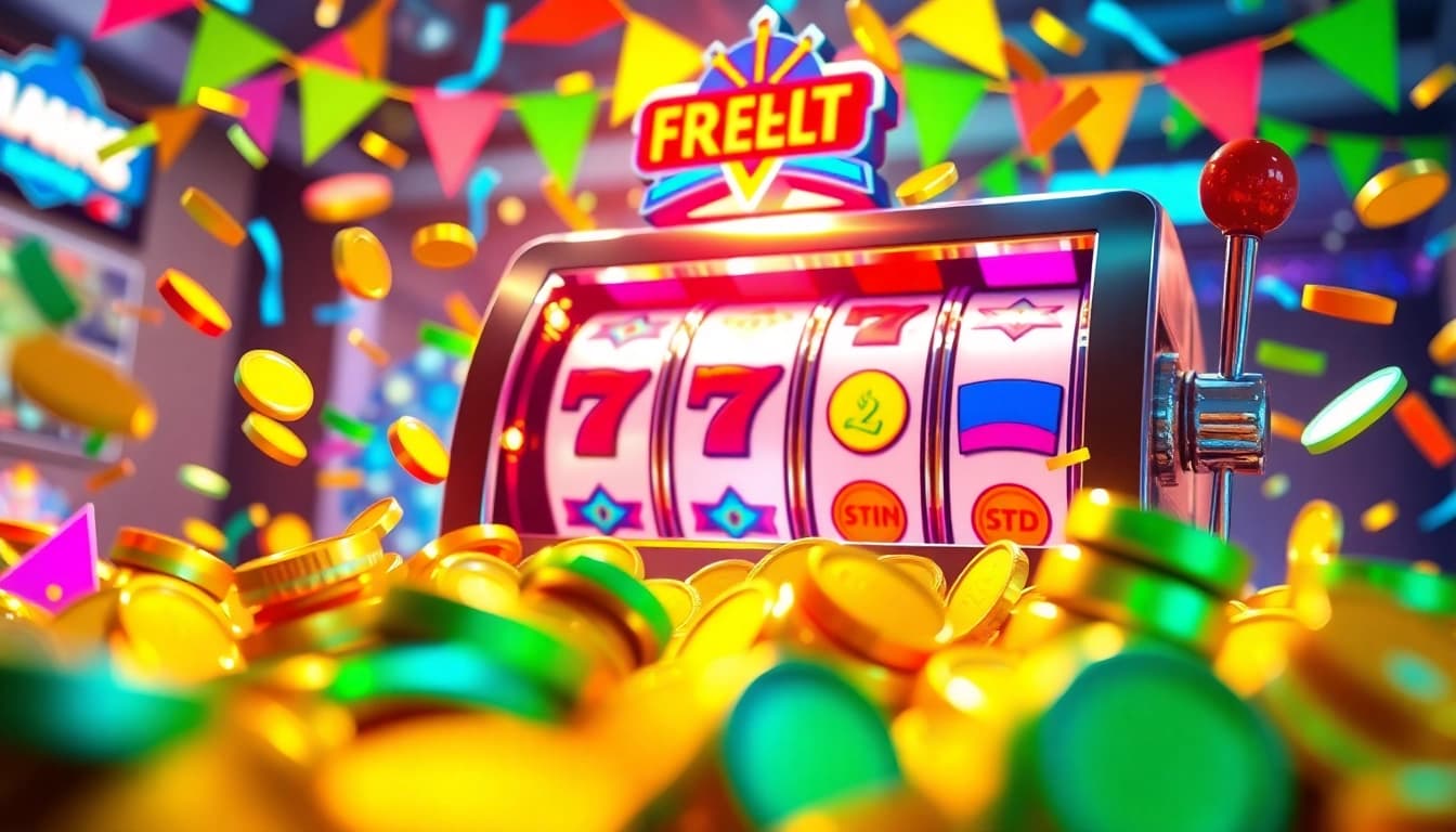 1win pulsuz firlanmalar təqdim edən, slot maşını və parlaq tokenlər ilə festivala bənzəyən görüntü.