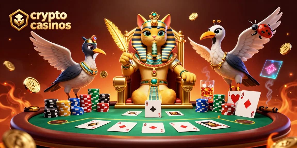 Découvrez les crypto casinos avec le pharaon chat et des éléments de poker dans un univers captivant.