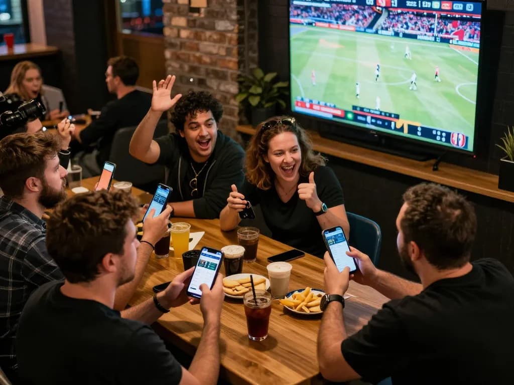 Watch bettors engaged with live games while using the mb88-bm betting app in a sports bar setting