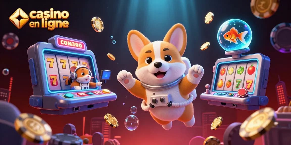 Gagnez au casino en ligne avec cette illustration dynamique captivante mettant en scène un corgi astronaute et des éléments de jeu.