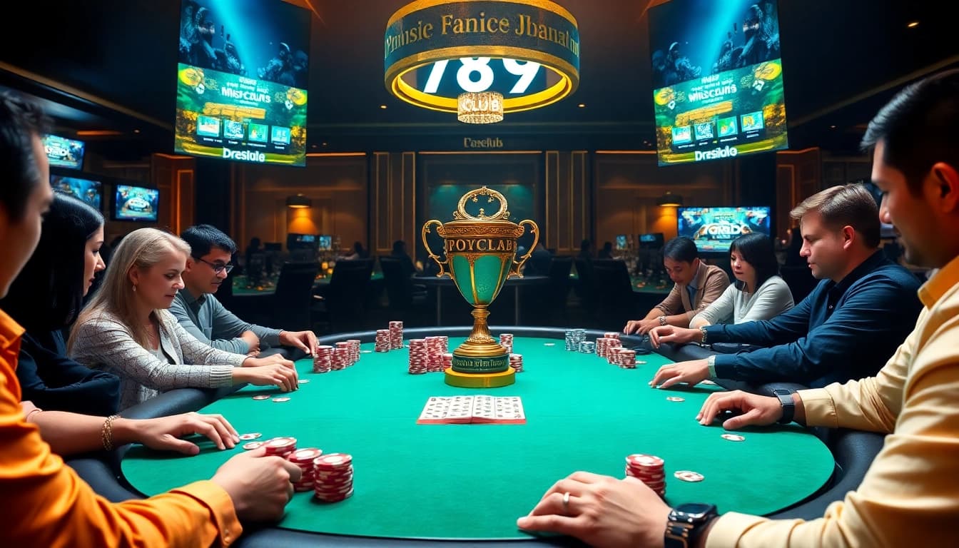 Players enjoying a poker game at 789club casino, with vibrant chips and trophy on the table.