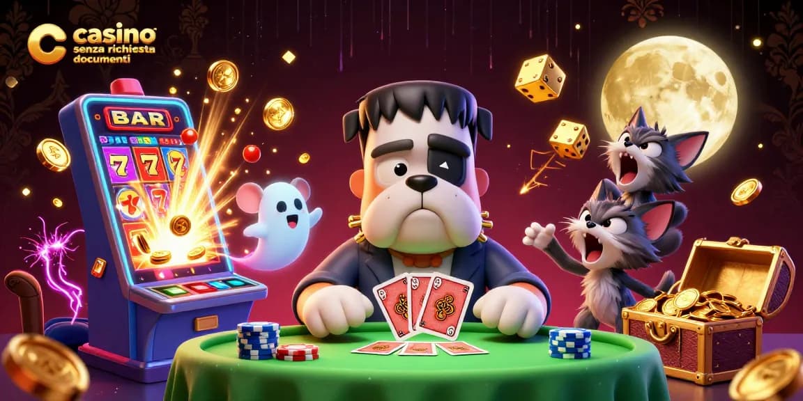Gioca nei casinò senza richiesta documenti con un bulldog Frankenstein e un gatto lupo in un'atmosfera vivace e festosa.