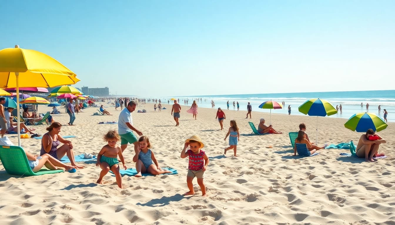 Families enjoying a sunny day at the beach at https://myrtlebeachsc.com/, capturing summer fun and relaxation.