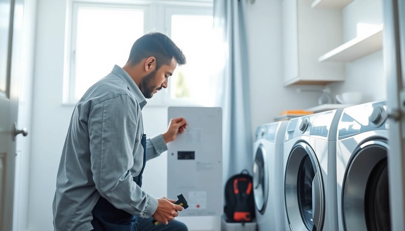 Repairing dryer in a bright laundry room emphasizes expert dryer repair near me services.