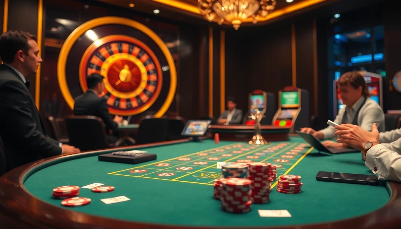 Players enjoying a thrilling gaming experience at VN88 casino table with chips and slot machines.