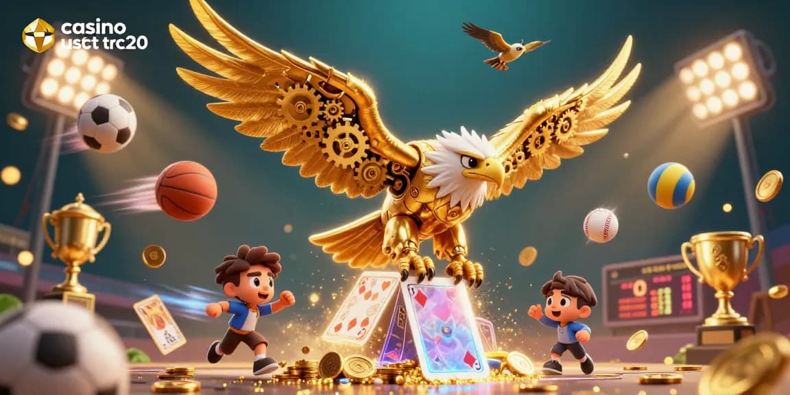 Gioca al casino usdt trc20 con un'aquila dorata tra carte e elementi sportivi in un'illustrazione vivace.