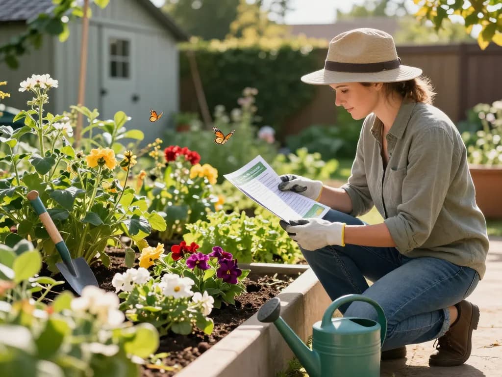 Pest control tips shared in a sunny garden scene with a homeowner examining advice while gardening.