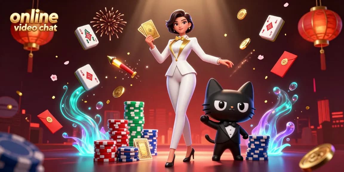 Engage in online video chat with a glamorous woman and her cat, shuffling cards.