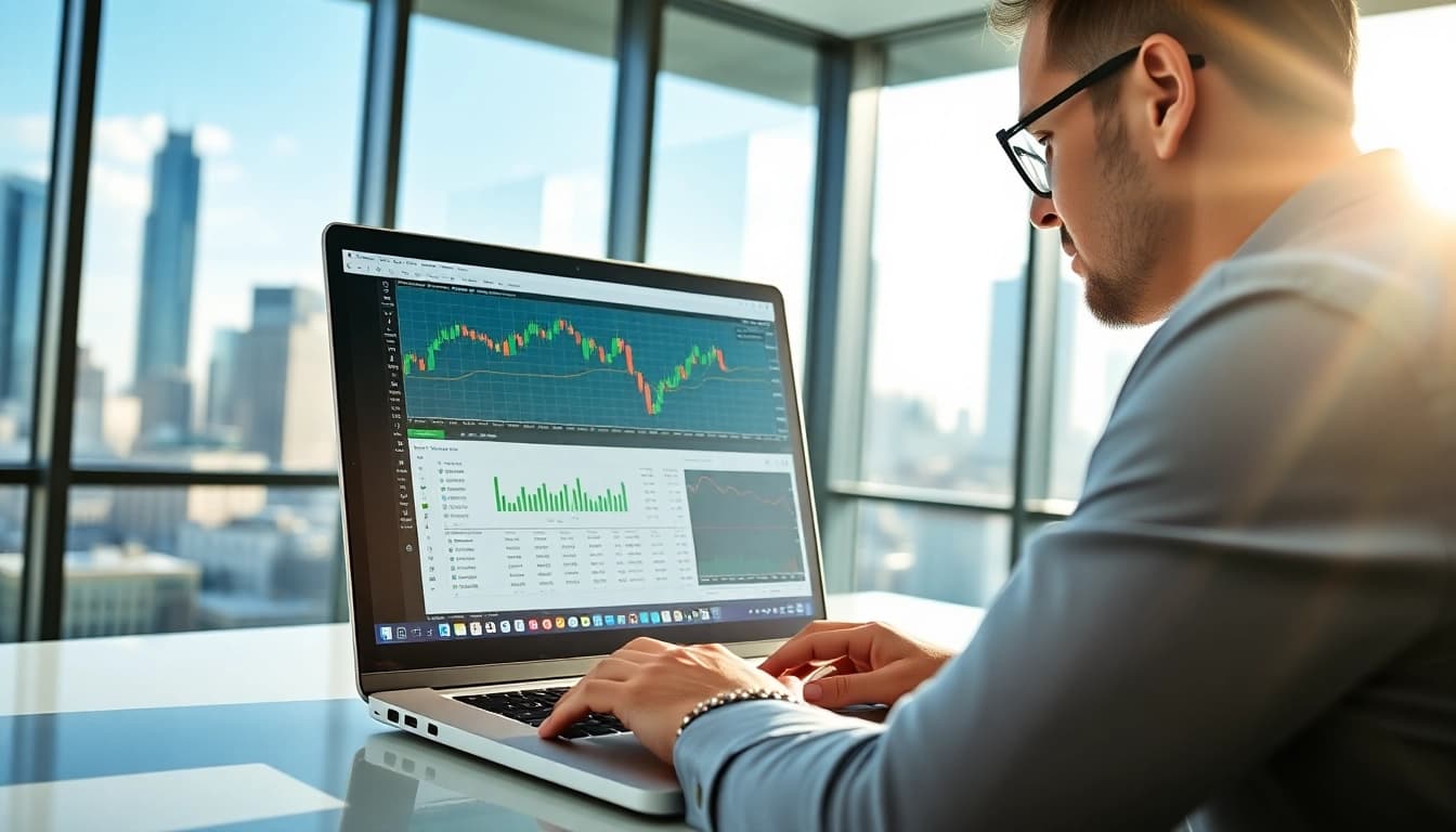 Enhance trading experience with hotforex mt4 on a sleek laptop in a modern office.