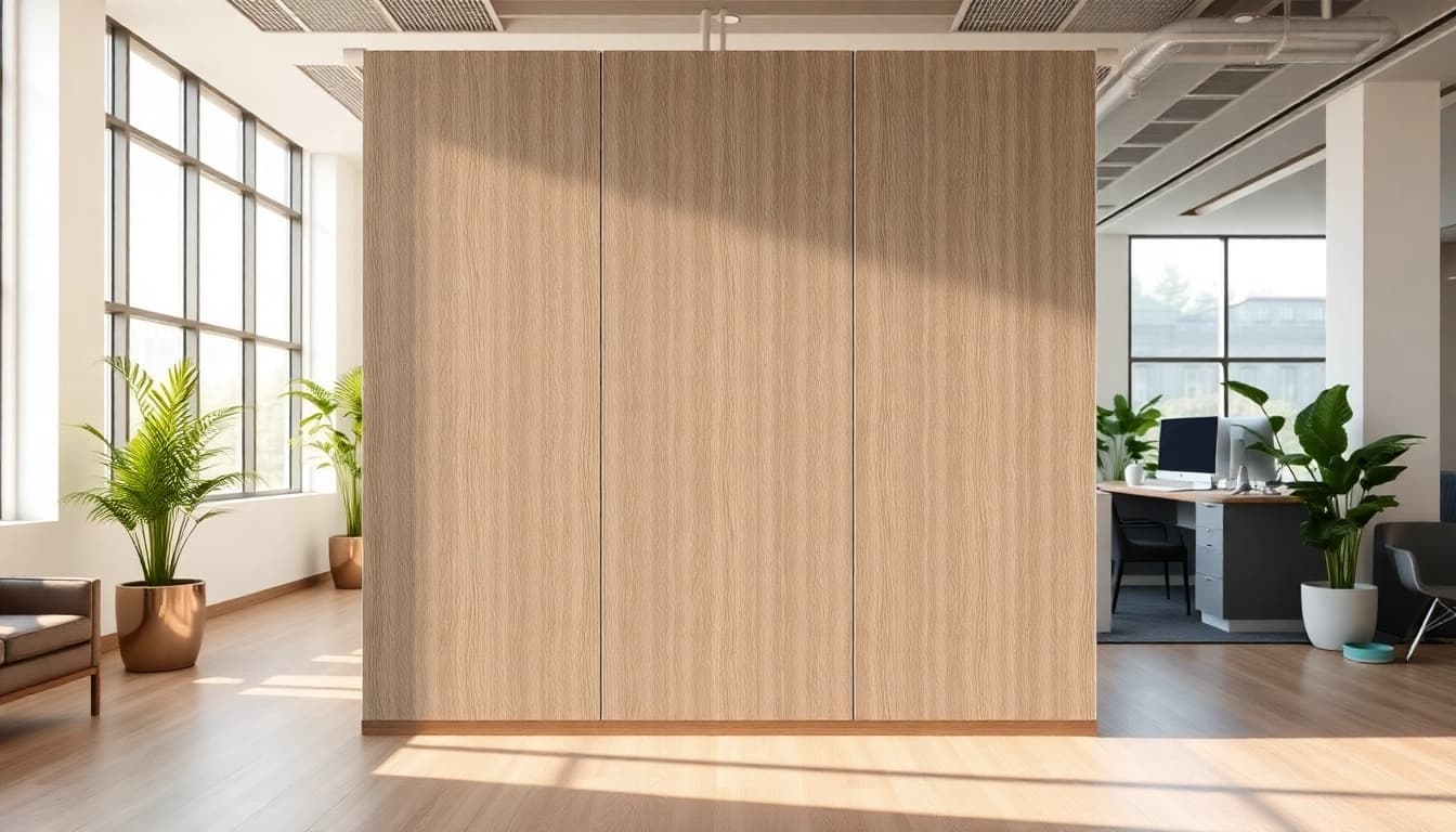 Showcasing fire-resistant composite wall panels in a sleek office setting with modern design elements.