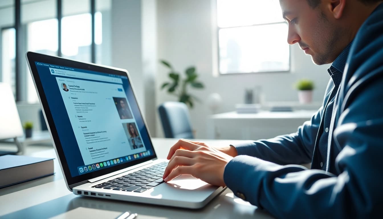 Scrape LinkedIn search results efficiently in a modern office setting with a professional at work.