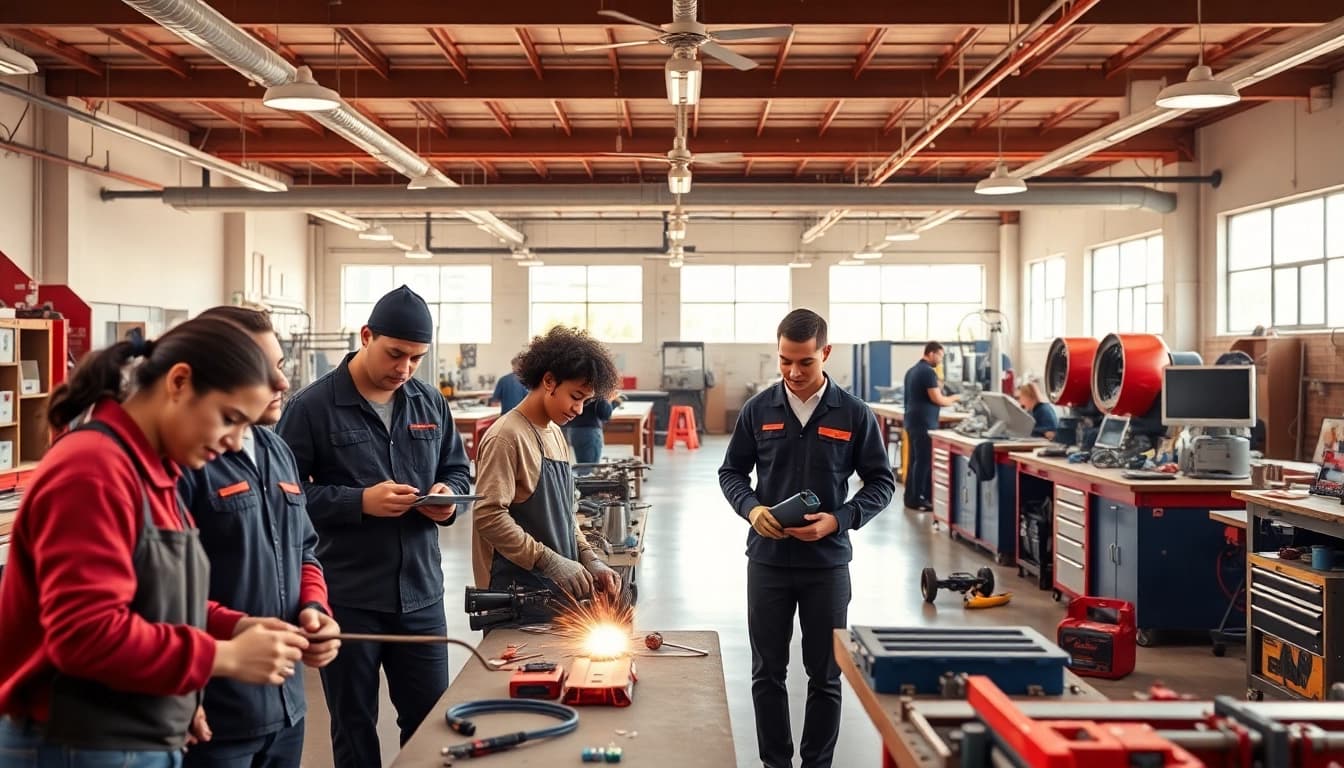Engaged students at trade schools in southern California collaborating on practical projects.