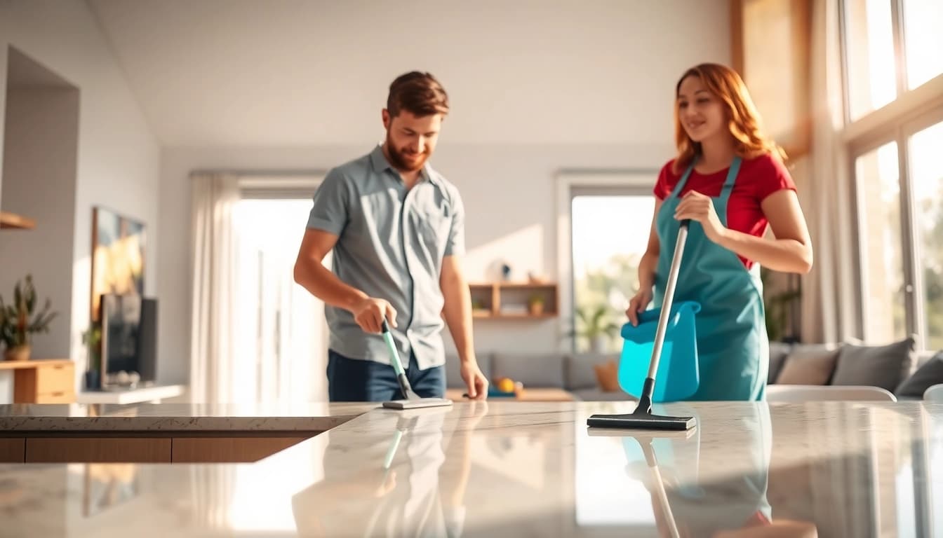 Cleaning Service team diligently cleaning a bright, modern living room with teamwork.