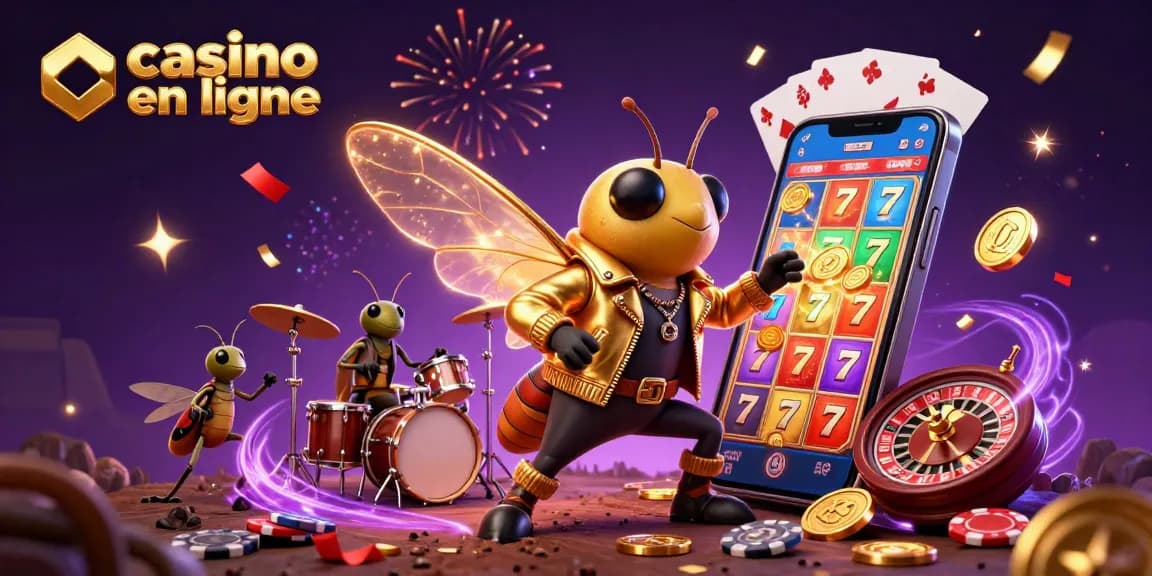 Jouez à des jeux passionnants sur les casinos en ligne avec une illustration vibrante d'une rock star et des éléments festifs.