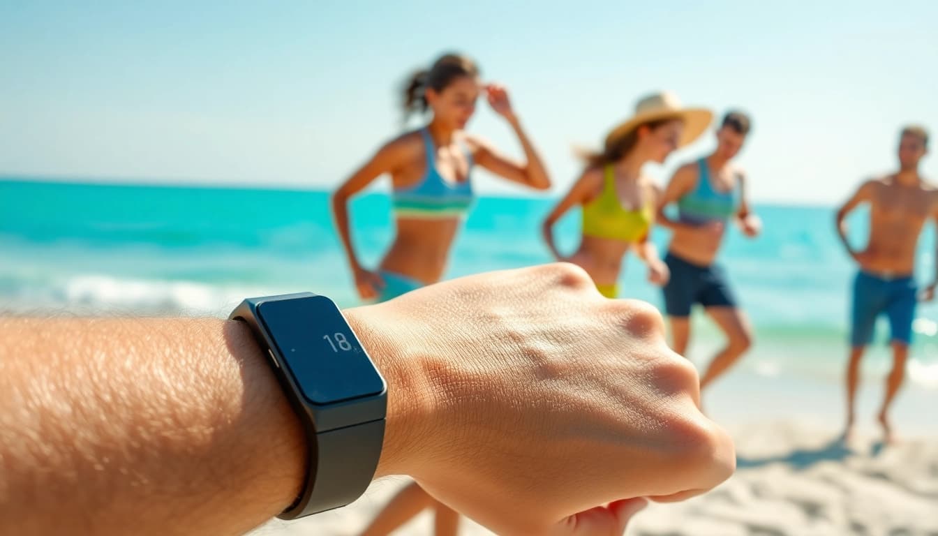 Showcase the sleek fitness tracker Ringconn on an active beach, highlighting its modern design.
