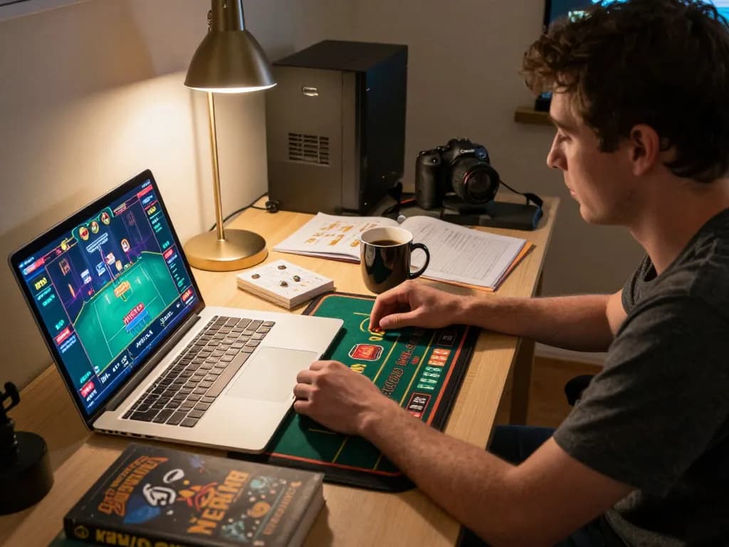 A player enjoying a live dealer game on sc88-bm, surrounded by gaming strategy notes and a coffee mug.