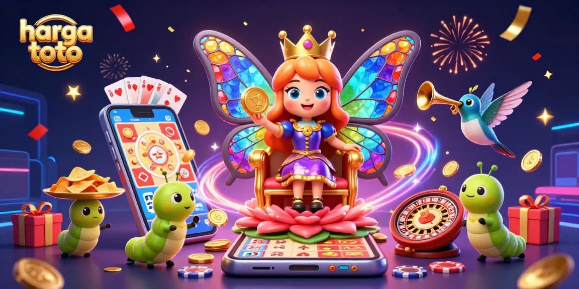 Experience the thrill of harga toto with a vibrant 3D scene featuring a butterfly queen and lottery game elements.
