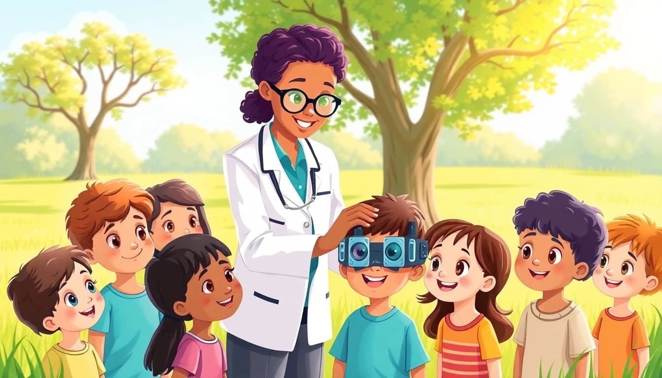 Highlighting the importance of Our Children's Vision with children undergoing eye care in a sunny park.
