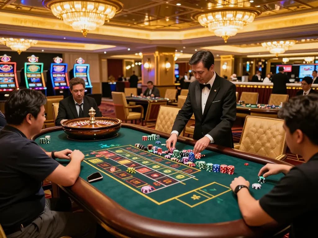 Tabel roulette Toto Macau dengan pemain yang memasang taruhan dan dealer yang sedang beraksi, suasana kasino yang berwarna-warni.