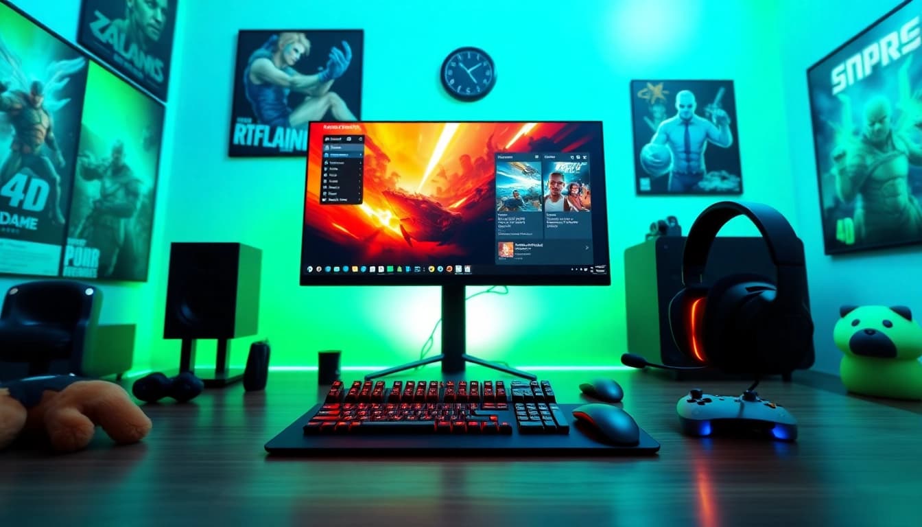 Menggambarkan hakm4d game dalam pengaturan gaming modern dengan headset dan desain ruang permainan.