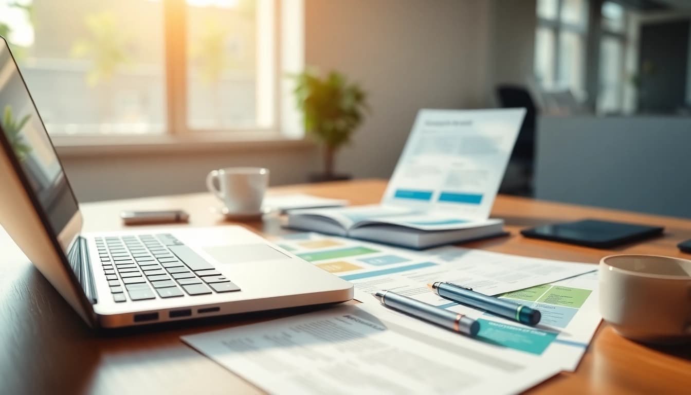 Crafting Customized Proposal Writing with organized templates and a laptop on a bright desk.