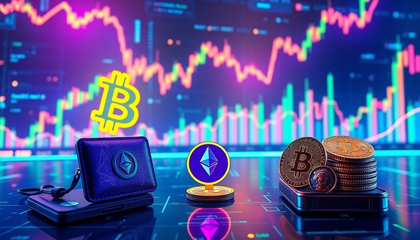 Cryptocurrency blockchain representation with Bitcoin and Ethereum logos, trading charts, and digital wallets.