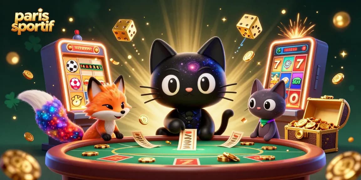 Pariez avec le chat gravitationnel au casino "paris sportif", entouré de jeux et de gains.
