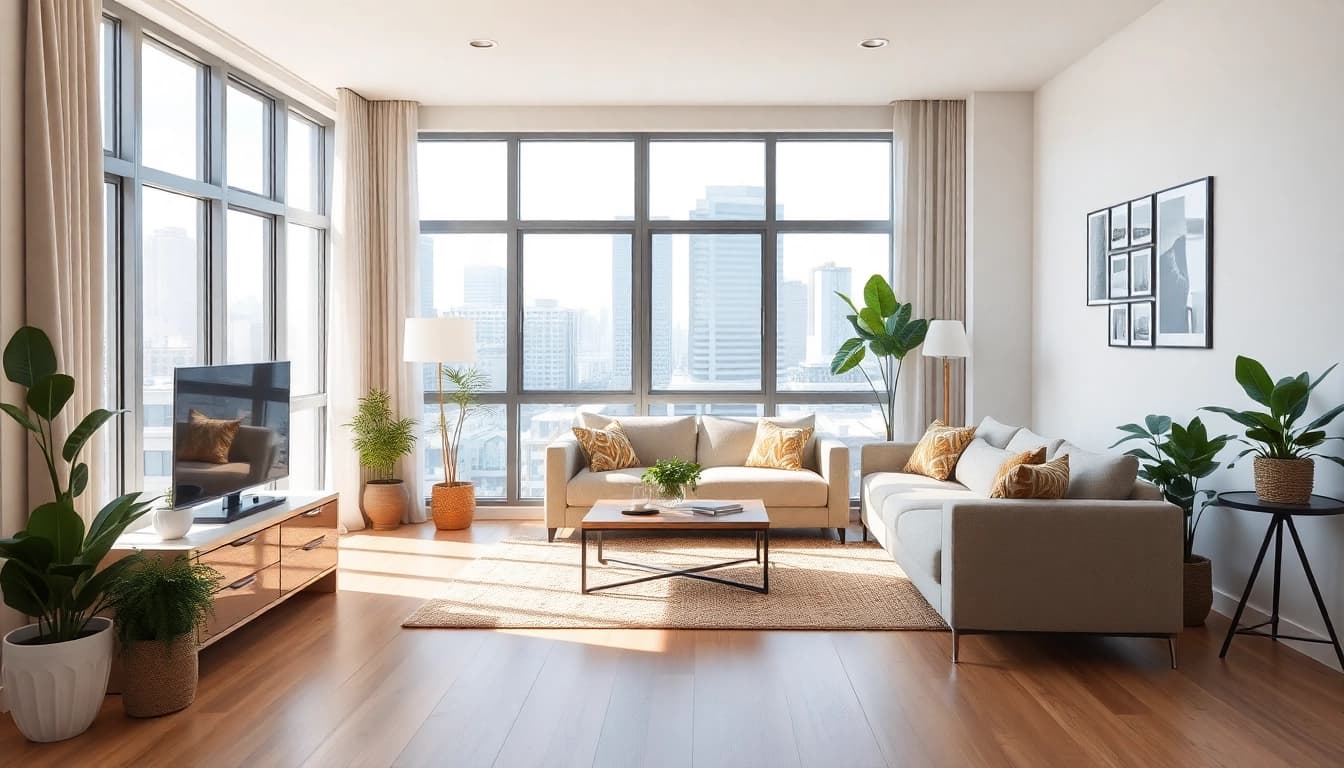 Experience the Lowest rate guaranteed for cheap apartments in a stylish, cozy living room setting.