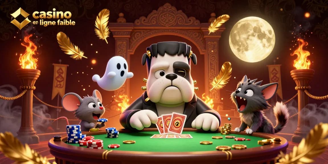 Jouez au casino en ligne fiable avec ce chien Frankenstein et un chat loup-garou, autour de cartes et de jetons d'or.