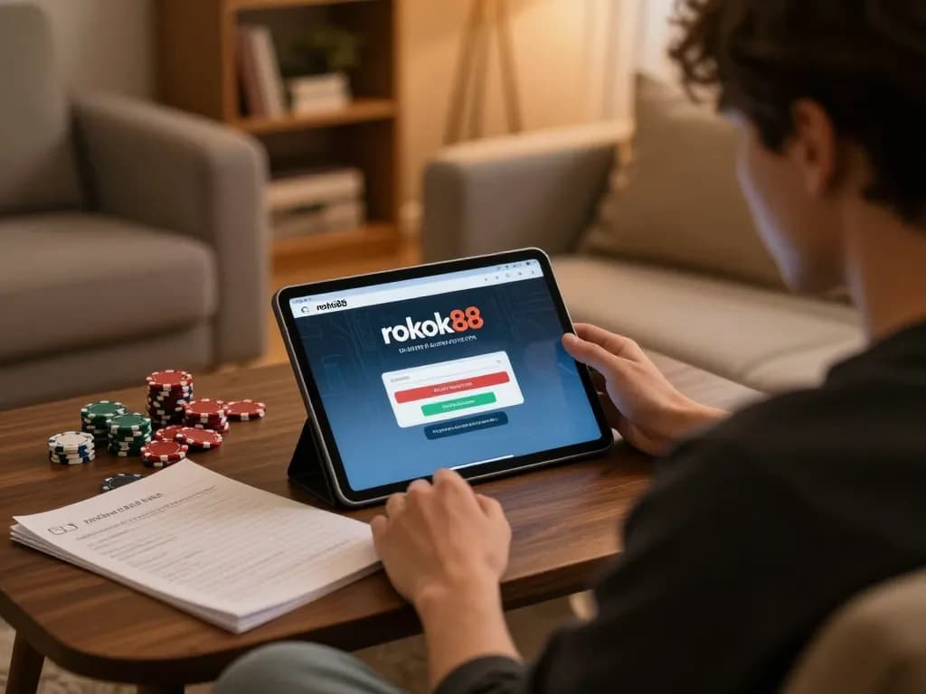 Players engaging with rokok88 login on tablet while managing poker strategy and chips.