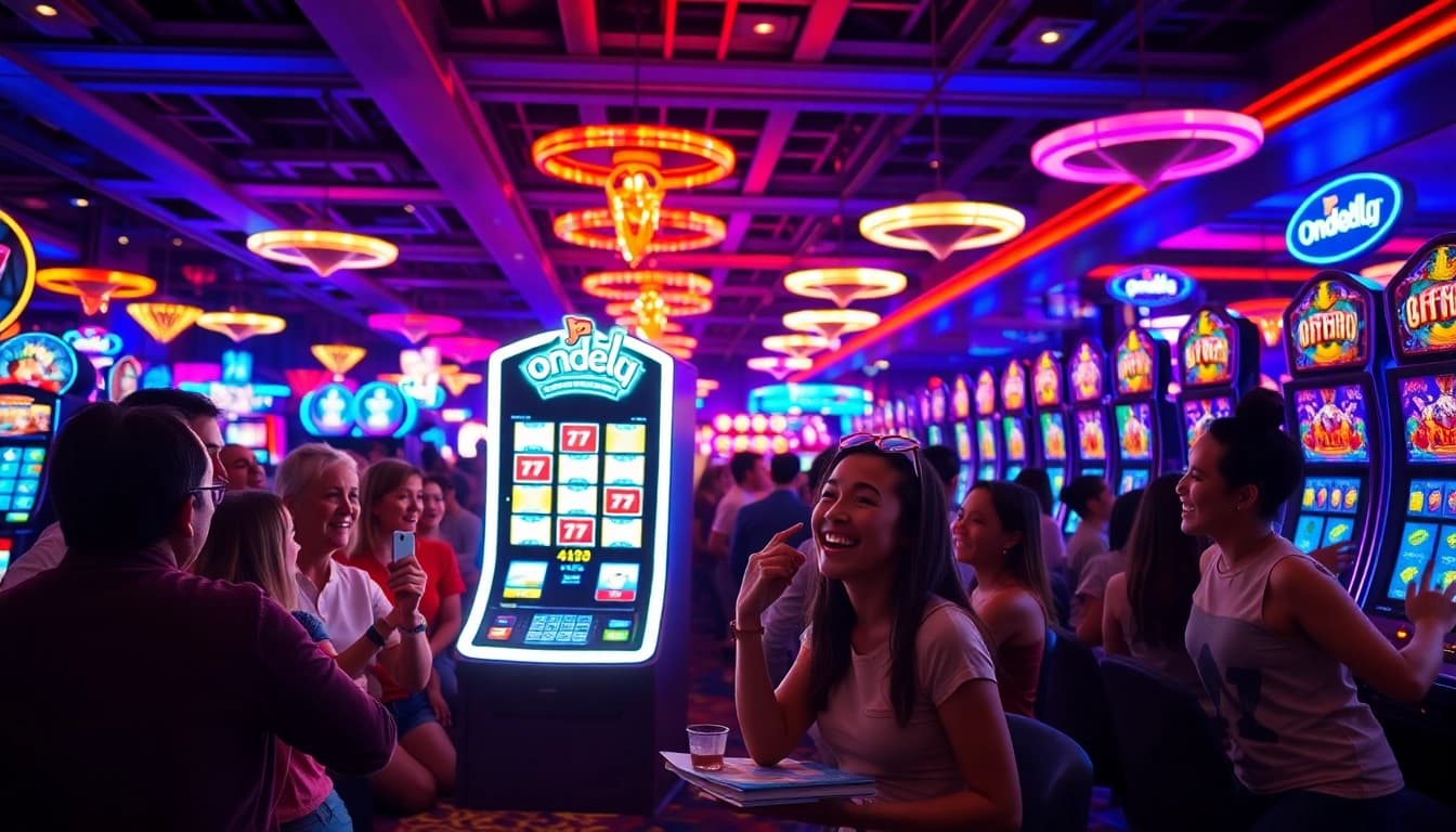 Main attraction ondel4d slot dalam suasana kasino yang meriah, penuh dengan pencahayaan yang menarik.