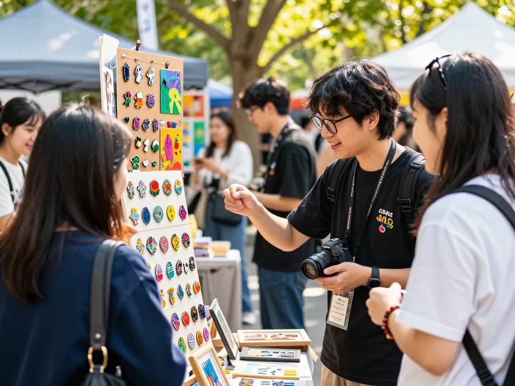 Custom acrylic pins showcased at a vibrant craft fair with artists and shoppers