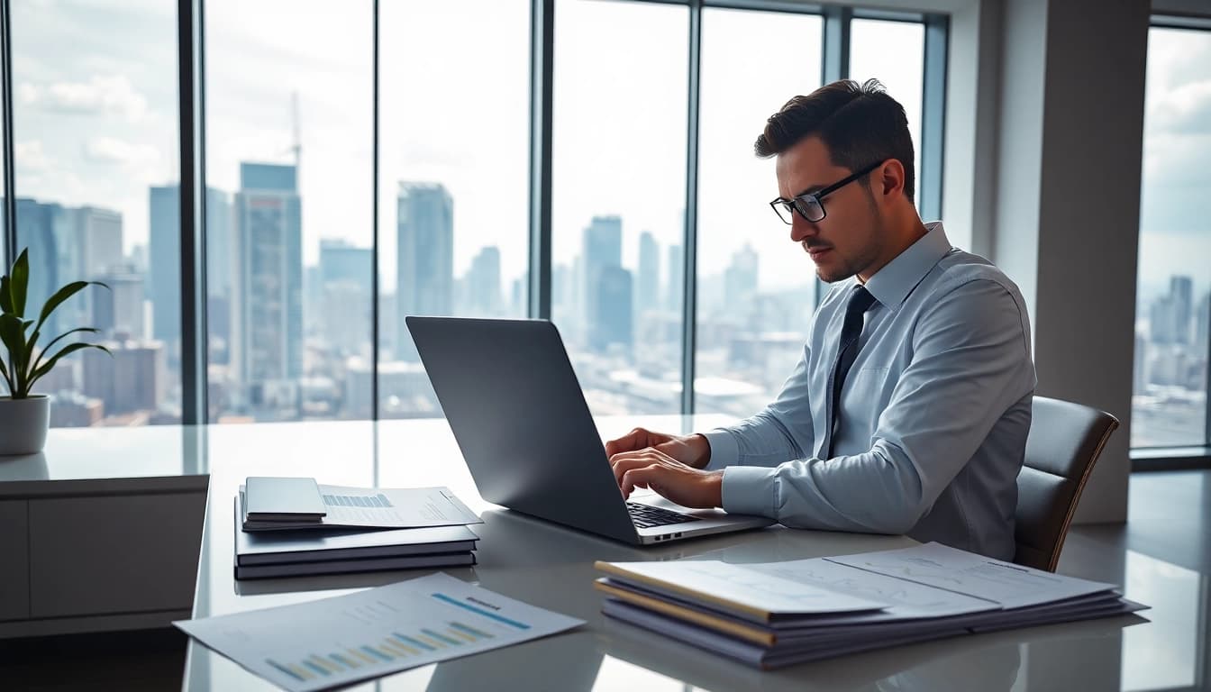 Analyze data regarding zero hedge in a modern office setting with dynamic lighting.