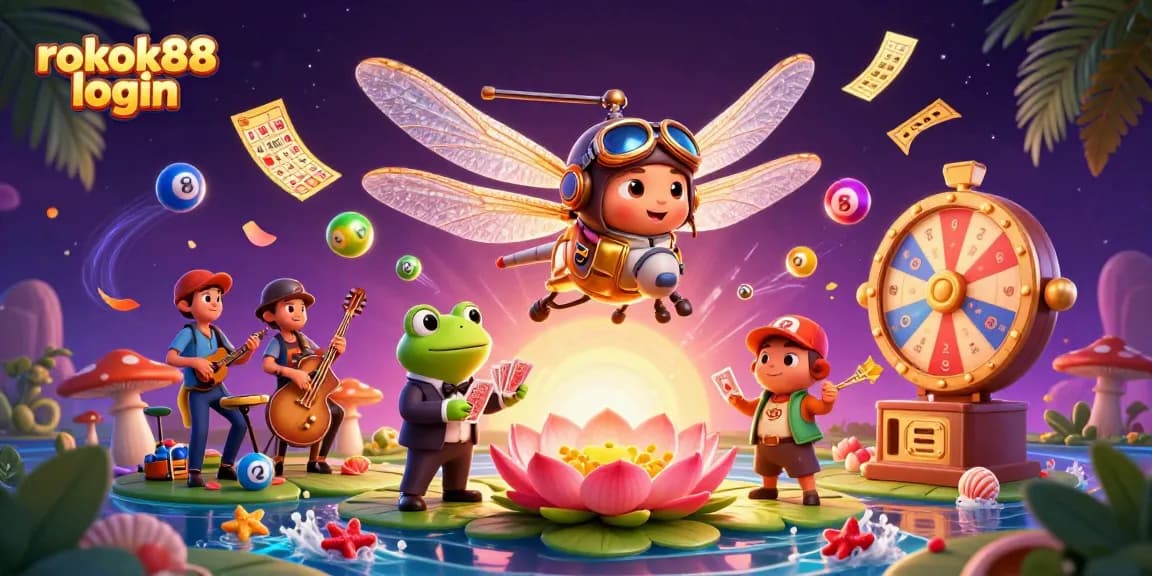 Play exciting games at rokok88 login with vibrant scenes filled with lottery balls and a frog croupier.