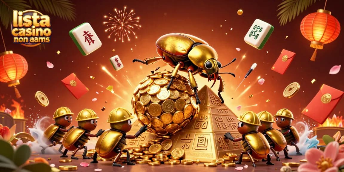 Illustrazione di un grosso scarabeo d'oro che rotola una palla di monete, lista casino non aams tra simboli di gioco fortunati.