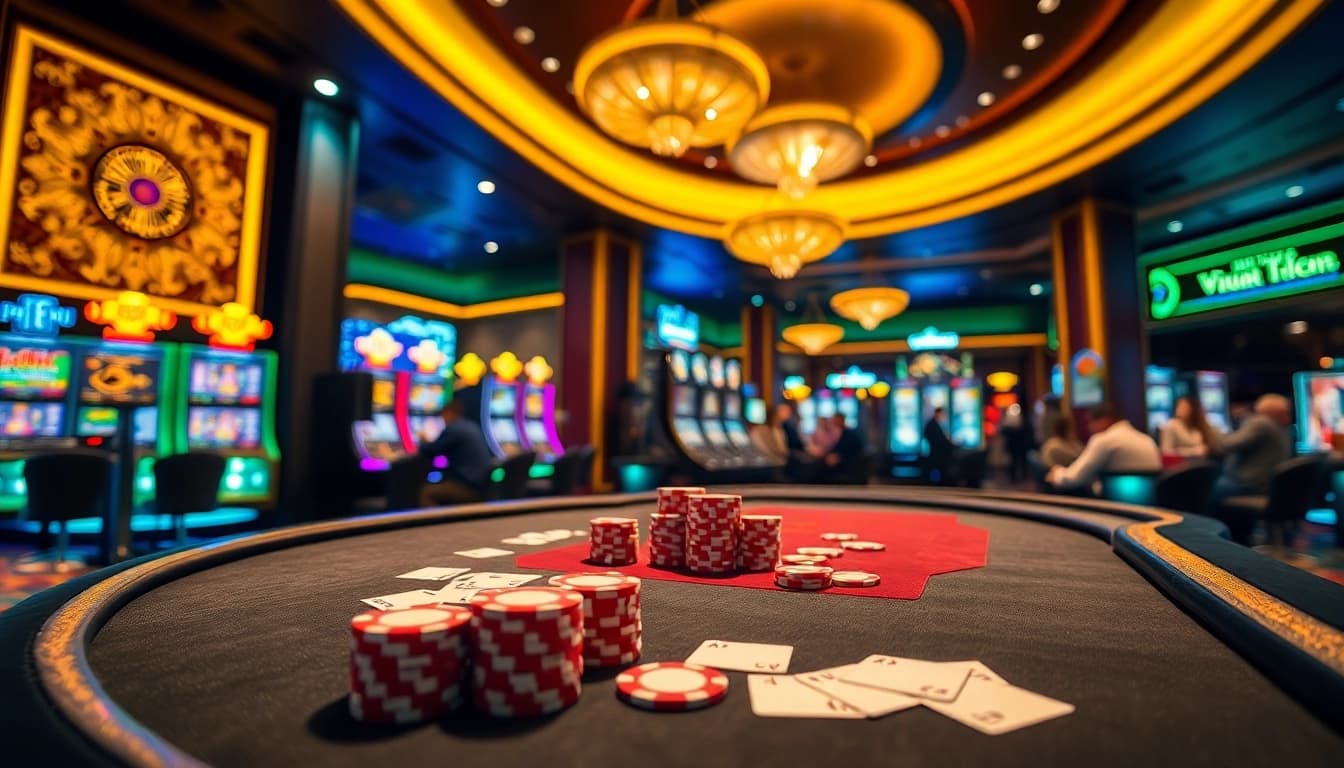 Exciting gambling scene at Vua99 featuring poker chips and vibrant slot machines.