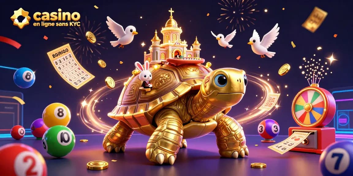 Jouer à casino en ligne sans KYC avec une tortue dorée, un croupier et des ballons de loterie colorés.