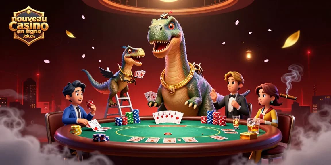 Vivez l'expérience du nouveau casino en ligne 2026 avec un brontosaurus et un raptor en plein jeu de poker.