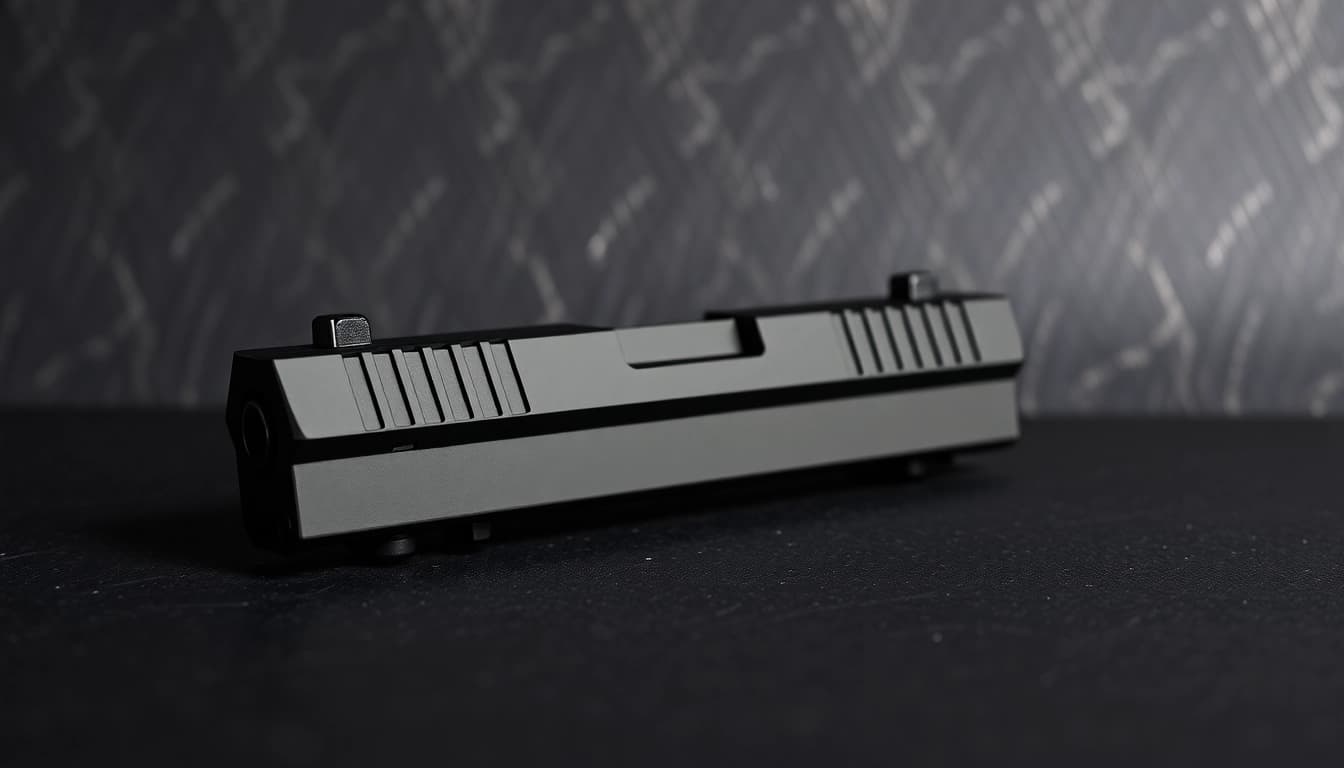 Buy Glock 19 slide featuring precise craftsmanship and sleek design on a dark background.