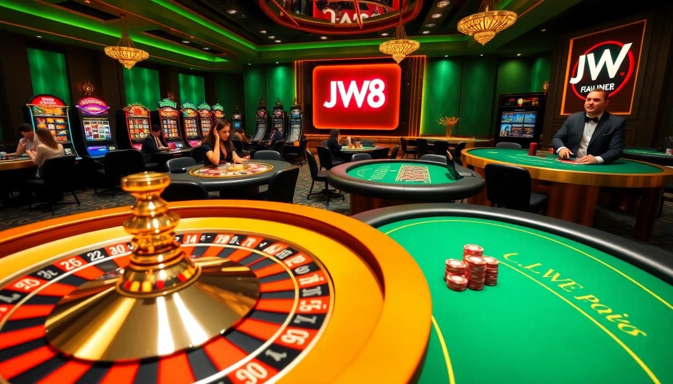 Experience the thrill of JW8 at a luxurious online casino with poker tables and spinning slot machines.