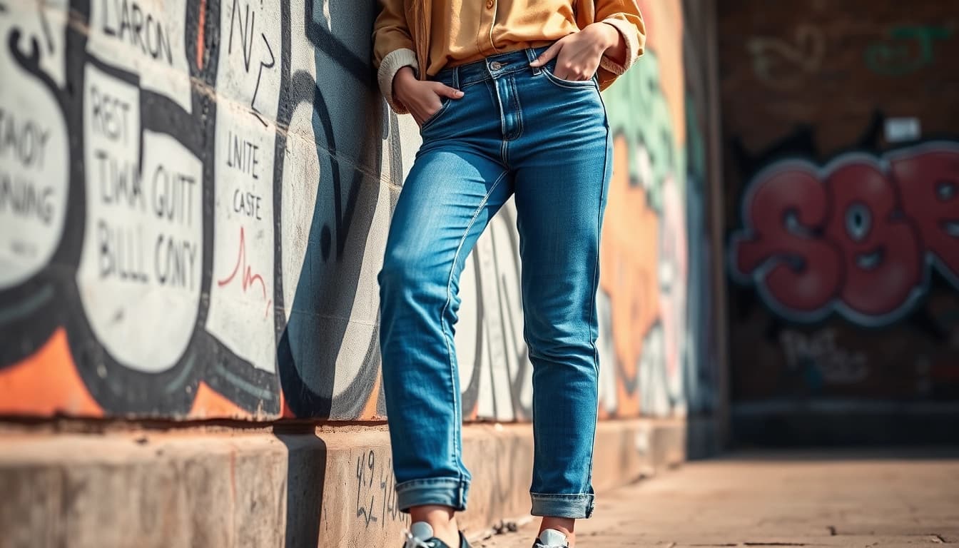 Stylish model wearing womens boyfriend jeans against a vibrant urban backdrop.