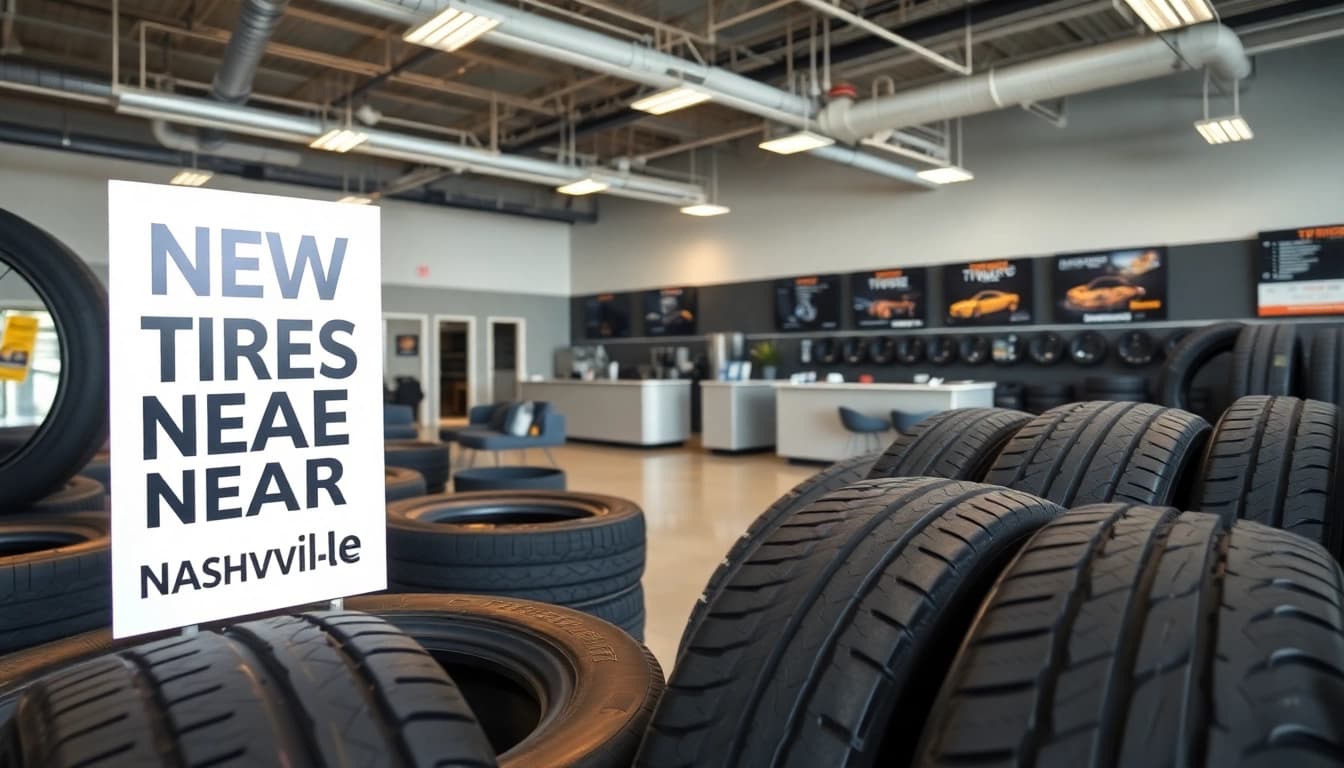 Find high-quality new tires near me Nashville displayed in a professional tire shop interior.