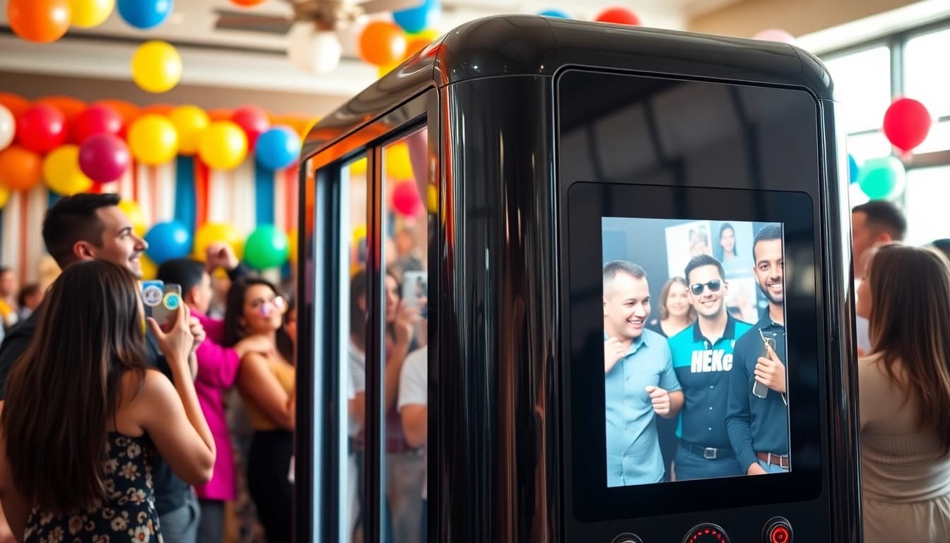 Capture memories with a stylish photo booth rental at your event, featuring cheerful guests and vibrant props.
