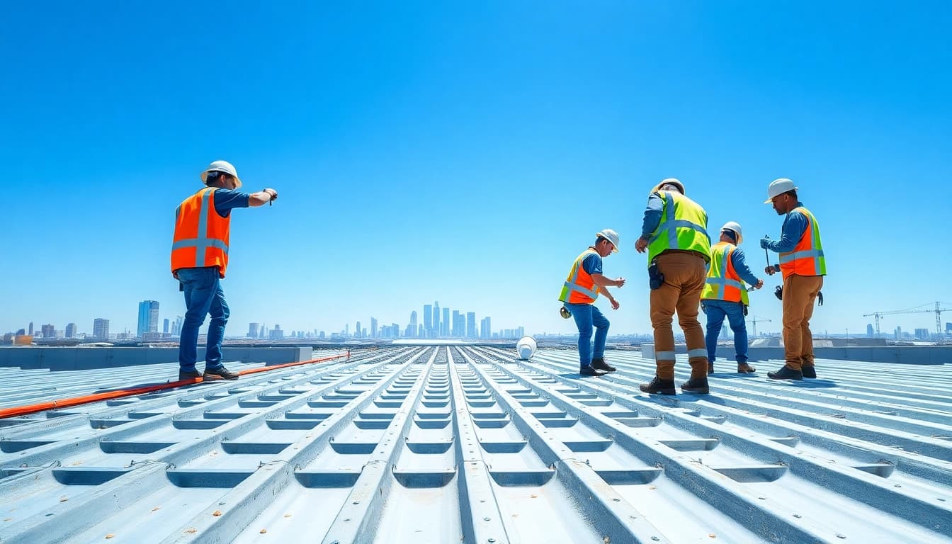 Showcase of skilled workers providing commercial roofing services on a large warehouse.