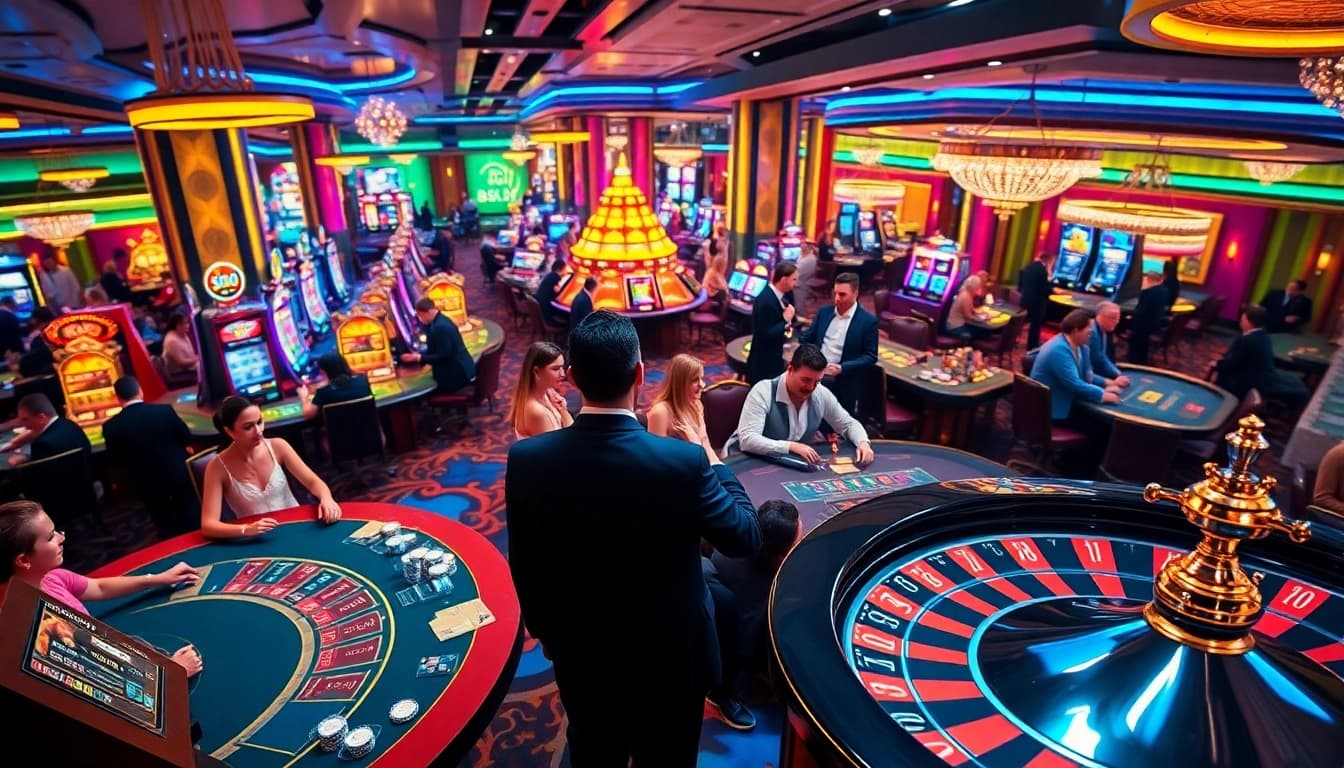 Experience the thrill of gambling at 88i com with vibrant casino action featuring tables, chips, and players.