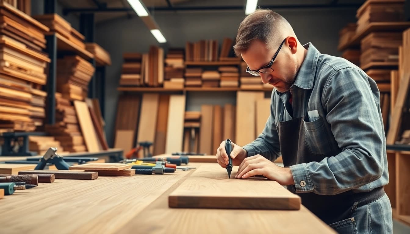 Craftsman creating custom cabinets in a well-lit workshop, showcasing skill and craftsmanship.