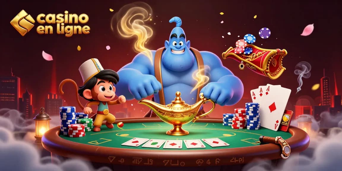 Jouez au casino en ligne avec un majestueux génie et un tapis magique, entouré de jetons de poker.