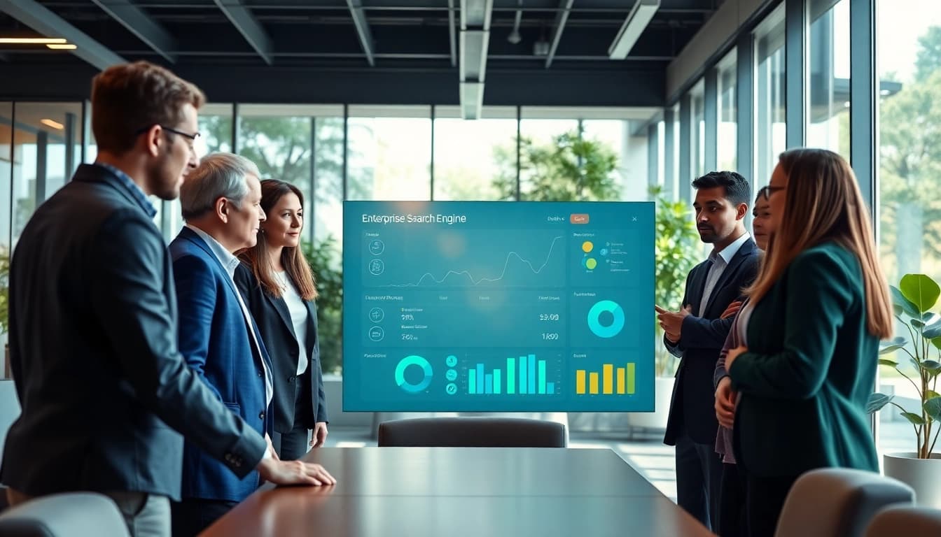 Collaborative team analyzing an enterprise search engine dashboard in a modern office setting.